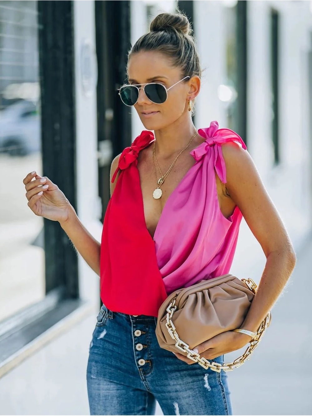 Vici Satin Colorblock Tie-Shoulder V-Neck Bodysuit - Hot Pink & Fuchsia